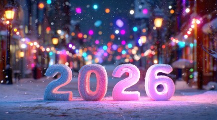 2026 is celebrated in a vibrant winter street adorned with colorful lights and snowfall