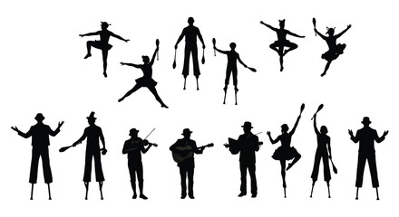 circus performers silhouettes dancing musicians stilt walkers
