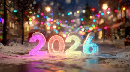 Colorful 2026 display in a snowy street with festive lights during a winter celebration