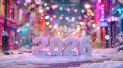 Colorful winter street decorated for New Year 2026 with snow and lights