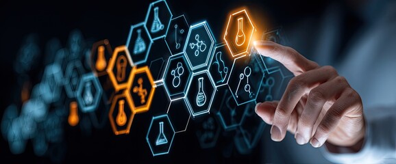 Interactive digital interface displaying various scientific icons, a hand hovering over a highlighted hexagon