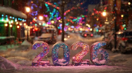 Fototapeta premium Decorative snow-covered numbers celebrate the arrival of 2026 in a vibrant city street illuminated with festive lights at night
