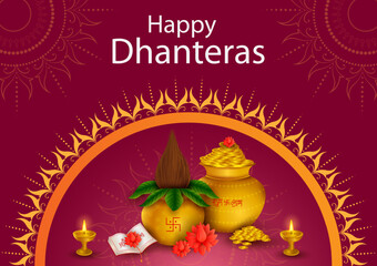 Gold Kalash with decorated diya for Happy Dhanteras Diwali festival holiday celebration of India greeting background
