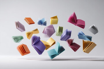 
Colorful hardcover books flying on white background
