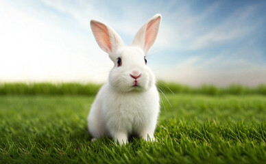 Obraz premium white rabbit on grass isloted on White background ai generated image 