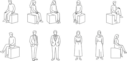 cad drawing flat vector illustration, people sitting on cube, standing man and woman, outline figure sketch, minimal human posture design
