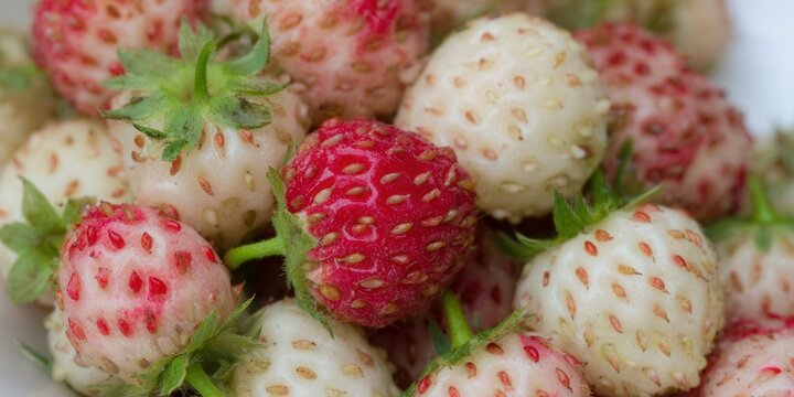 Close-up of ripe pineberries showing their unique white and red colors.