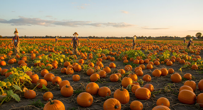 Pumpkin patch field with scarecrows