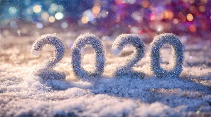 Celebration of the New Year 2020 with sparkling numbers displayed in snow