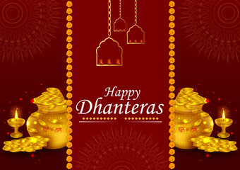 Gold Kalash with decorated diya for Happy Dhanteras Diwali festival holiday celebration of India greeting background
