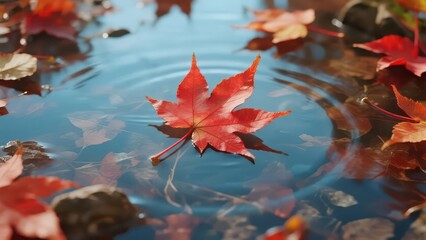 A red maple leaf floats on the water, with other autumn leaves scattered around, and ripples on the water, showing the quiet beauty of autumn to the full.
