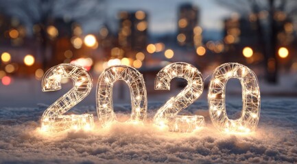 New Year celebration features illuminated 2020 sign in winter landscape with city lights in the background