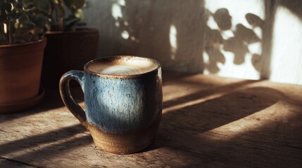 A rustic ceramic mug filled with frothy coffee sits on a wooden surface, bathed in dappled sunlight filtering through leaves.