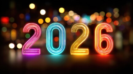 Colorful neon numbers celebrating the arrival of 2026 in a vibrant, illuminated urban setting at night