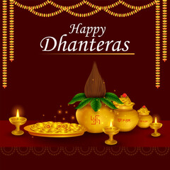 Gold Kalash with decorated diya for Happy Dhanteras Diwali festival holiday celebration of India greeting background