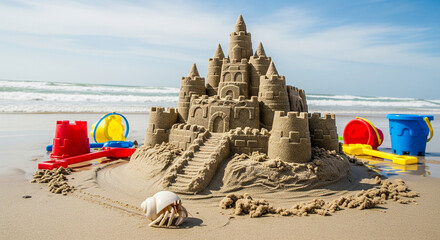 Sandcastle on Beach with Toys and Seashell Crawling