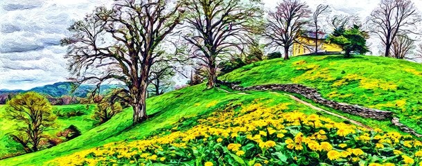 A lush hillside blanketed in vibrant yellow dandelions, with trees and a house atop the hill