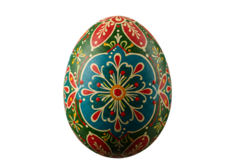 Intricately decorated Easter egg featuring vibrant green, red, and blue floral patterns, a symbol of spring renewal and cultural tradition, perfect for festive designs and holiday celebrations
