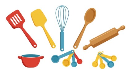 Illustration of various kitchen utensils including spatulas, whisk, spoon, rolling pin, pot, and measuring spoons.