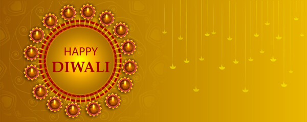 Decorated Diya for Happy Diwali festival holiday celebration of India greeting background