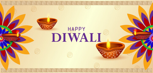 Decorated Diya for Happy Diwali festival holiday celebration of India greeting background