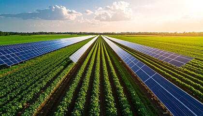 A stunning landscape of a solar farm integrated with agriculture, where crops thrive between photovoltaic panels, symbolizing the future of sustainable energy and food production