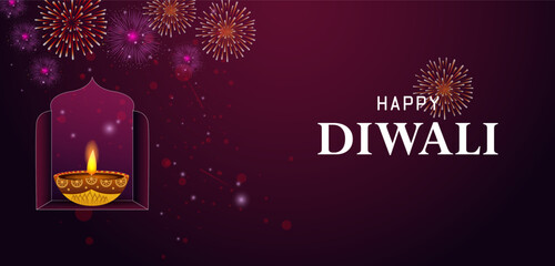 Decorated Diya for Happy Diwali festival holiday celebration of India greeting background