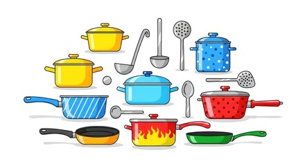 A collection of colorful, cartoon-style cookware, including pots, pans, and utensils, arranged on a white background.