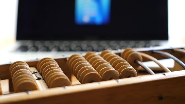 Calculating with Abacus and Computer Display Background