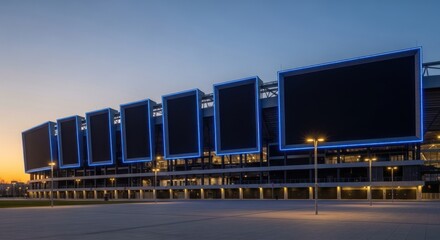 Fototapeta premium A modern stadium with large screens illuminated in blue, under a twilight sky, showcasing its architectural design.