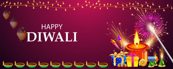 Decorated Diya for Happy Diwali festival holiday celebration of India greeting background