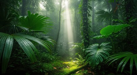 Sunbeams pierce through the dense foliage of a lush, green tropical rainforest, illuminating the forest floor.