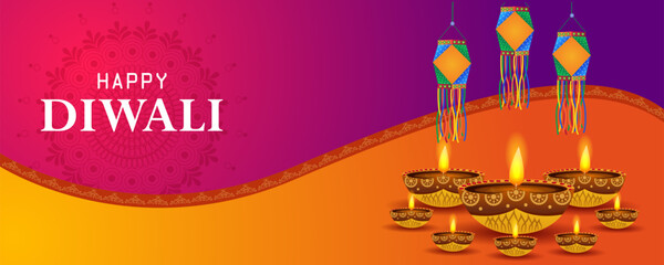Decorated Diya for Happy Diwali festival holiday celebration of India greeting background