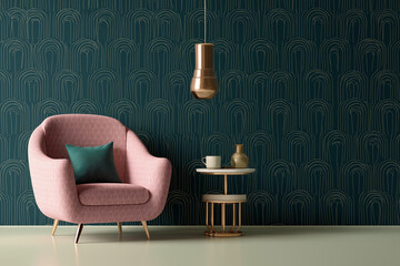modern art deco wallpaper with a dark green and pink pattern, featuring an armchair in front of it. the room has a side table,