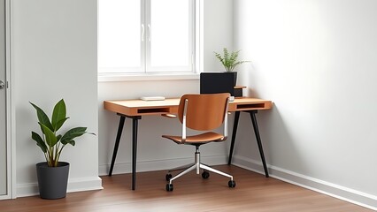 Minimalist office space featuring a wooden desk, white walls, and a single plant under natural light.