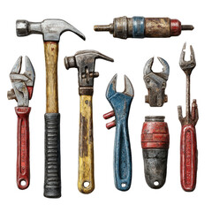 Realistic DIY Hand Tools with Scratches and Wear on Transparent Background