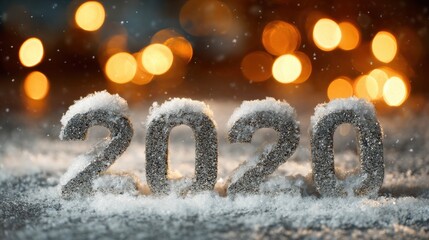 Sparkling snow-covered numbers represent the year 2020 with warm festive lights in the background, creating a cozy atmosphere