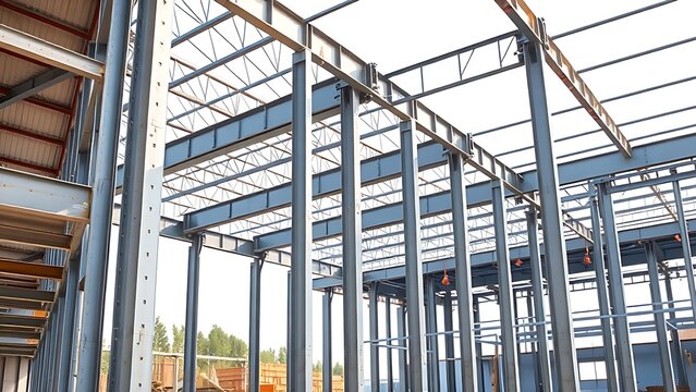 Industrial construction site with steel beams and columns, highlighting modern architectural progress.