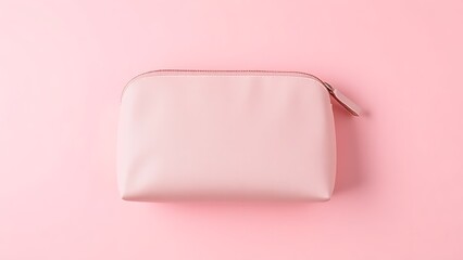 Pink cosmetic bag on soft pink background, flat lay with ample copy space.