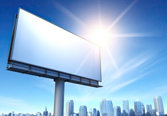 Blank billboard against a vibrant blue sky, city skyline in the background