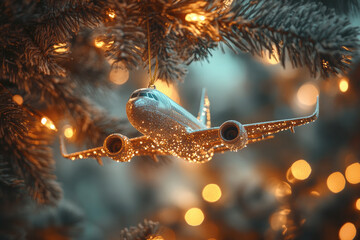 Festive aviation-themed Christmas ornament hanging on pine branches, glittering holiday lights softly blurring background, symbolizing seasonal travel