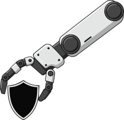 Fototapeta premium Futuristic robot arm holding a shield, representing protection and security, a modern icon for technology, innovation, and advanced engineering solutions