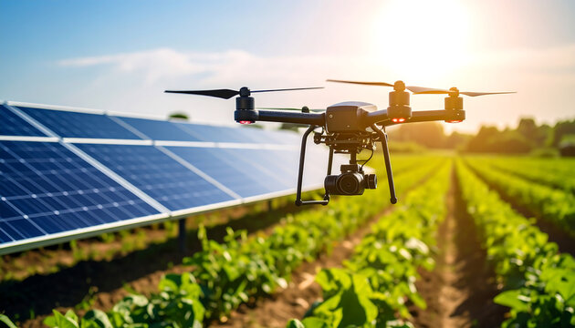 Advanced Drone Technology Monitors Crops and Solar Energy Installations in a Sunlit Agricultural Field, Showcasing Modern Sustainable Farming Practices and Green Energy Solutions - Powered by Adobe