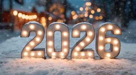 Celebration of the New Year 2026 in a snowy winter landscape with festive lights illuminating the scene