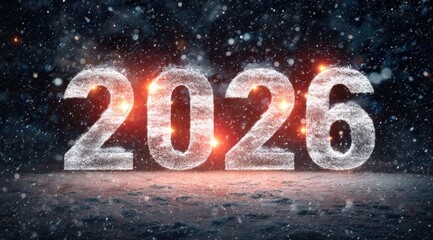 New Year 2026 celebration with sparkling snowflakes and vibrant lights in a winter wonderland setting