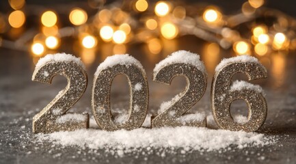 Winter celebration of the new year with glittering 2026 numbers surrounded by fresh snow and warm lights in the background