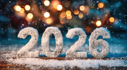 Festive snow-covered numbers represent New Year 2026 with blurred lights in the background