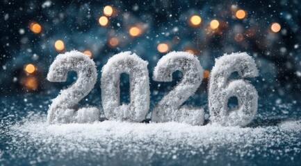 New year celebration with snowy 2026 display and festive lights in the background