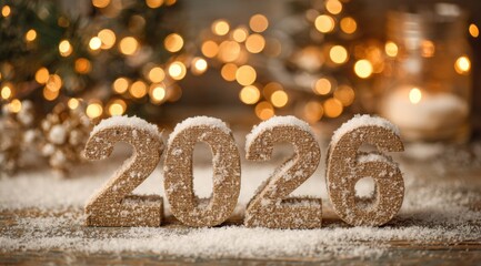 Festive decor featuring 2026 wooden numbers surrounded by winter elements and soft lights for a cozy atmosphere