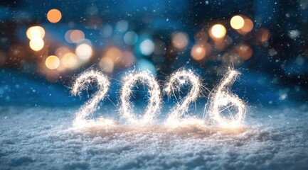 New Year celebration with sparkling numbers representing 2026 in a snowy outdoor setting during winter festivities